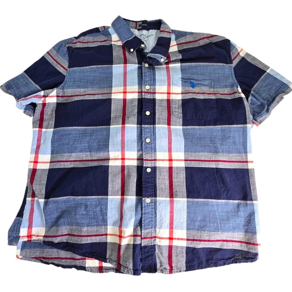 US Polo Assn Mens‎ Button Down Madras Plaid Size 3XL Shirt Short Sleeve